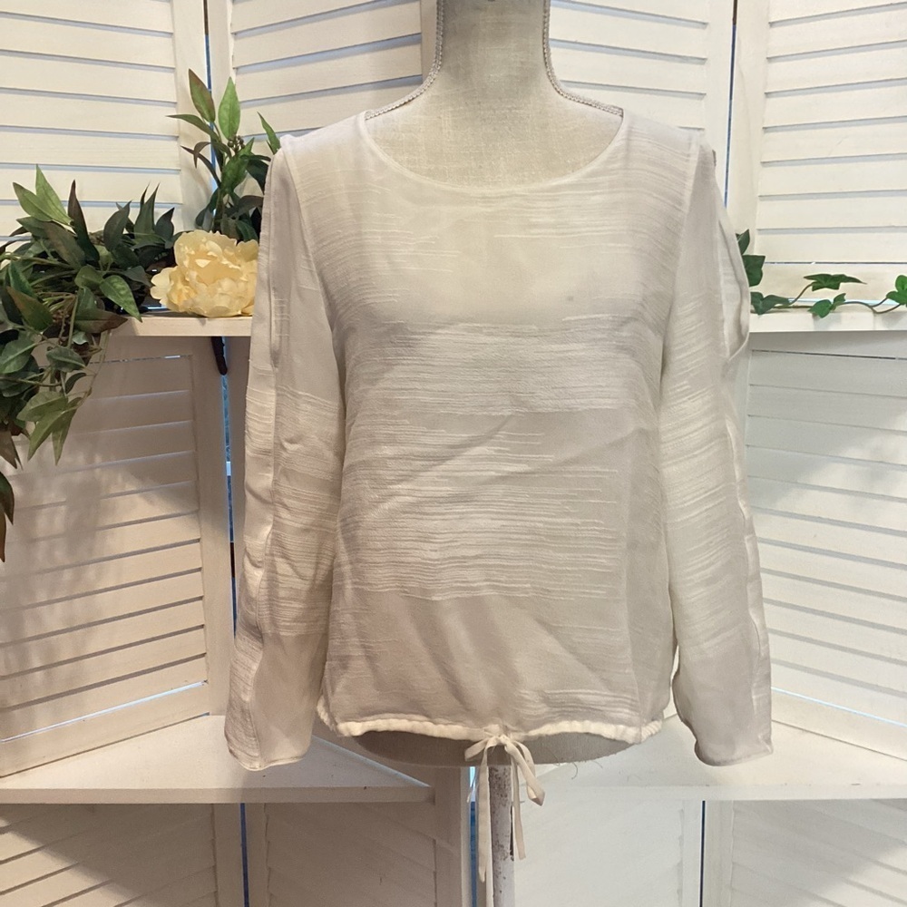 Lafayette 148 New York Cream Sheer Tie Front Long Sleeve Blouse Med 1321